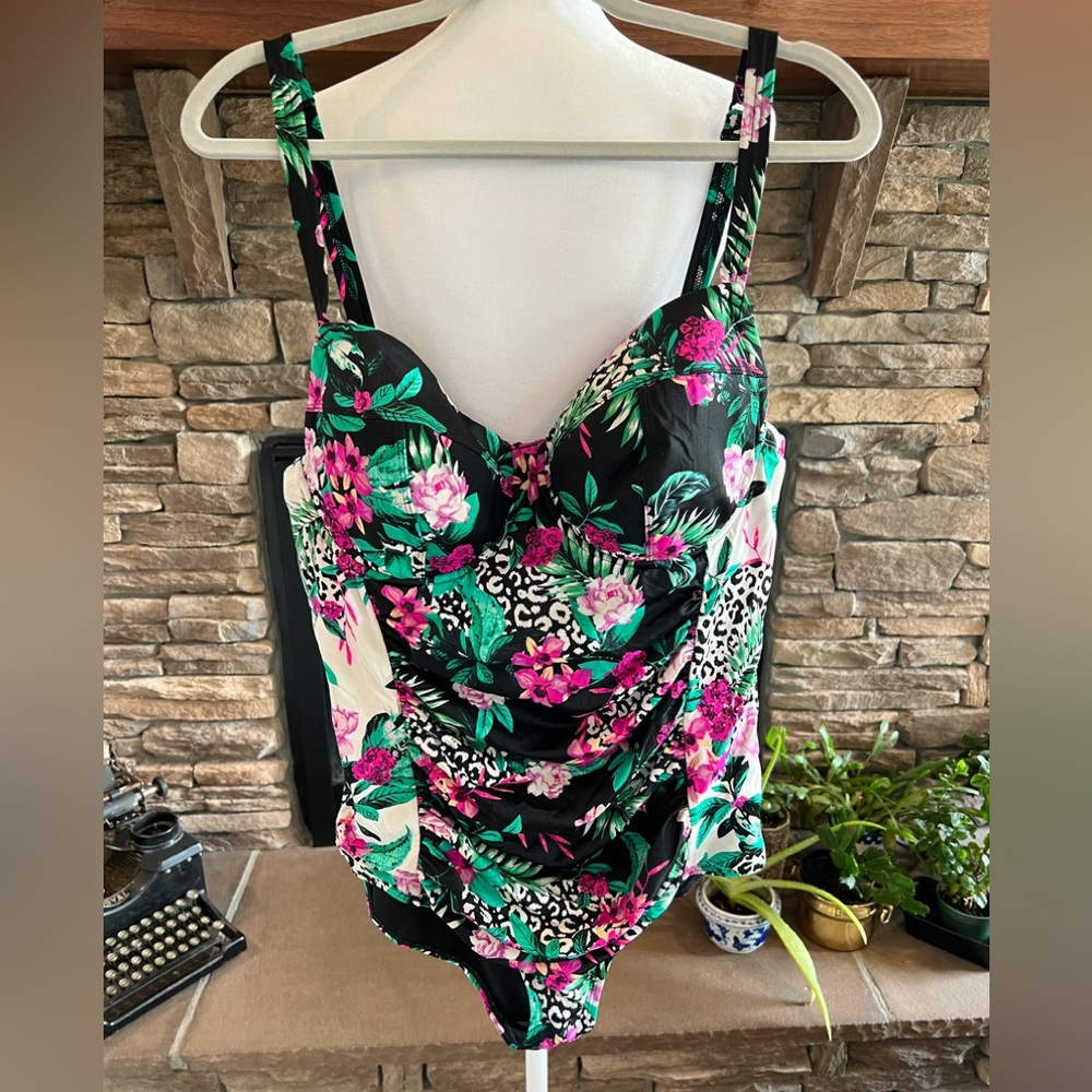 torrid Black Floral One-Piece Swimsuit with Pink & Green Accents